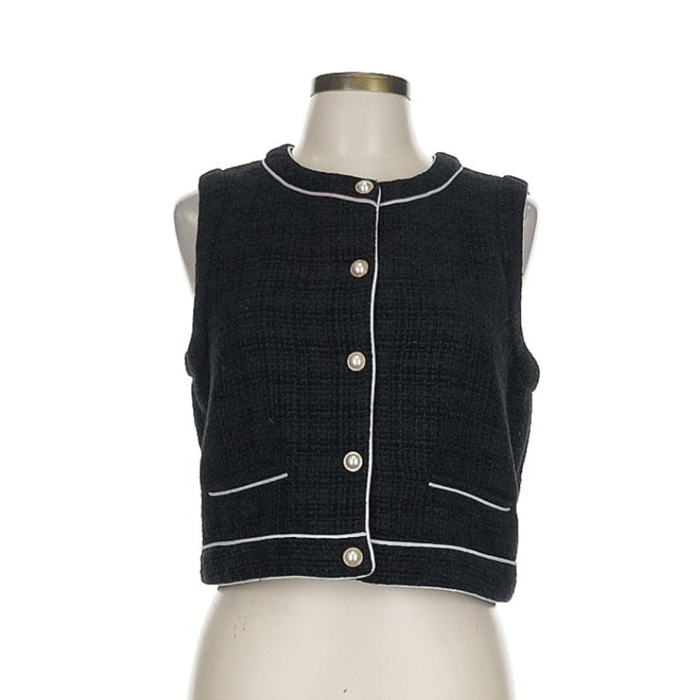 Rachel Zoe Quiet Luxury Black Textured Vest with White Piping